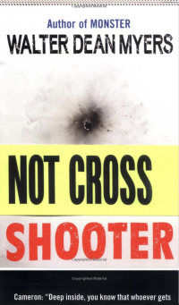 Bullet hole on a white wall with a "Do Not Cross" police banner running in front
